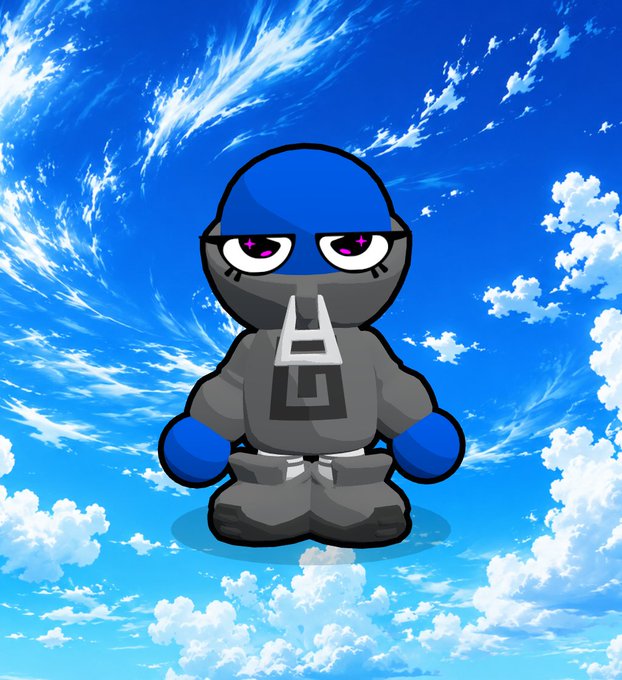 Chibi-style blue and black ninja-like character standing against a blue sky with clouds.