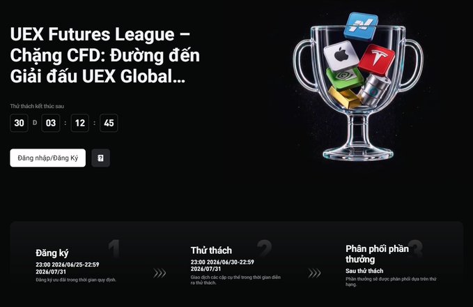 A Vietnamese-language UEX Futures League CFD trading competition page showing a countdown timer (30 days) and a trophy filled with app icons.