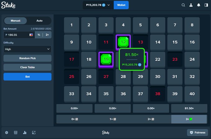 The image shows a Stake.com roulette betting interface in manual mode, with a 15,203.78 wallet balance and a 186.55 bet amount placed on numbers 12 and 19 at 81.50× odds, while numbers 11, 13, 17, 23, 25, 27, and 38 are highlighted in red as losing bets. The post's caption about sending 1,000 pesos to people connects to the scene by suggesting the user is using their winnings from the Stake bet to tip followers.