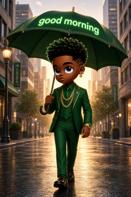 A stylized 3D illustration of a young person in a green suit with gold chains walking down a wet city street while holding a green umbrella that displays 'good morning' in glowing text.