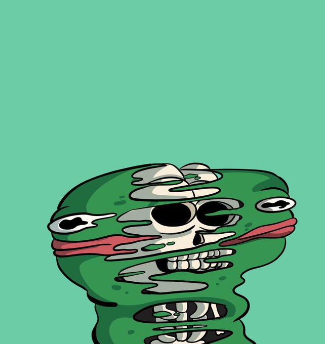 A stylized cartoon image of a green, melting face with skulls and bones emerging from it on a mint green background.