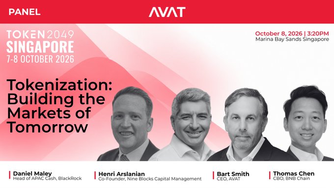 A promotional banner for a panel discussion at Token 2049 Singapore on October 7-8, 2026, titled 'Tokenization: Building the Markets of Tomorrow,' featuring panelists Daniel Maley, Henri Arslanian, Bart Smith, and Thomas Chen.