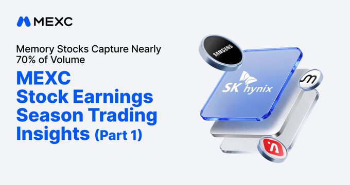 A MEXC promotional graphic titled 'Stock Earnings Season Trading Insights (Part 1)' with text 'Memory Stocks Capture Nearly 70% of Volume,' featuring logos for Samsung, SK hynix, and Micron.