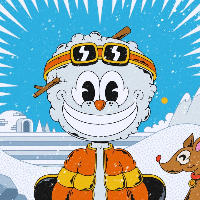 A cartoon illustration of a white, fluffy-faced character wearing yellow goggles, a face mask, and an orange and yellow puffer jacket, with a reindeer to the right.