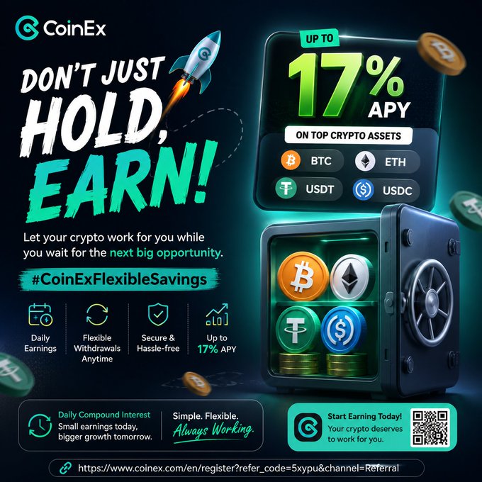 A CoinEx advertisement promoting flexible crypto savings with 'UP TO 17% APY ON TOP CRYPTO ASSETS' including BTC, ETH, USDT, and USDC, featuring a rocket graphic and the hashtag #CoinExFlexibleSavings.