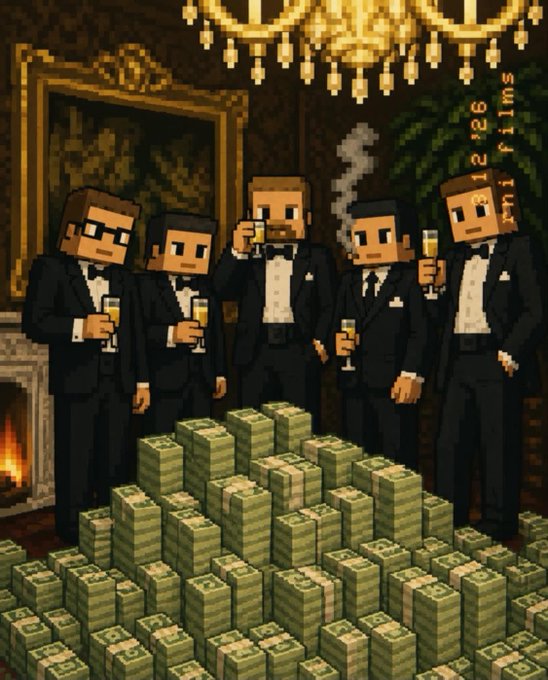 A pixel art image of five blocky men in black tuxedos holding champagne glasses stand behind massive stacks of cash, fitting the "Stonkbankers" theme of wealth and finance, with the wallet address "0x65ce2b19f5b0130ac87a67df1608c6c1c493873c" and the watermark "midi films" visible in the corner.