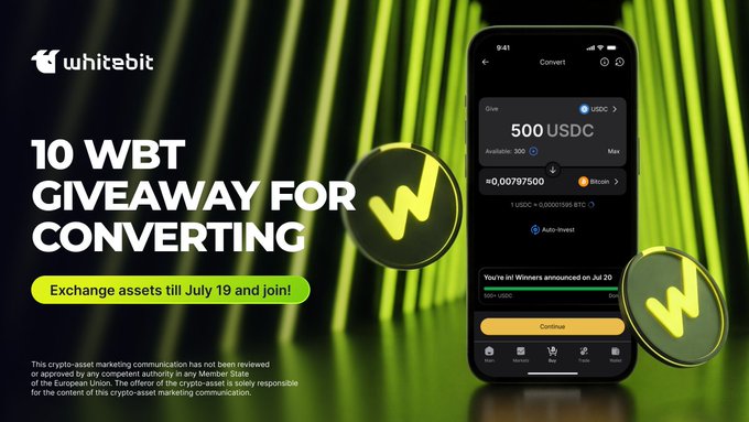 The image is a promotional graphic for WhiteBIT advertising a giveaway of 10 WBT for users who convert assets via the exchange's Convert page before July 19. It features the WhiteBIT logo, bold text reading "10 WBT GIVEAWAY FOR CONVERTING," a green "Exchange assets till July 19 and join!" call-to-action button, and a phone screenshot displaying a conversion from 500 USDC to approximately 0.00797500 BTC, tying directly to the post's message about using the Convert feature to enter the contest.