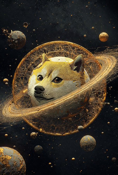 The image features a dog with a yellow face, wearing a gold ring around its neck, and surrounded by planets and stars. The background of the image is black, which contrasts with the vibrant colors of the dog's fur and the rings on its neck. The caption "Dogecoin $DOGE" suggests that there might be some connection between the dog and the cryptocurrency Dogecoin, possibly indicating a humorous or whimsical theme to the image.