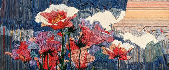 A vibrant floral painting with thick textured brushstrokes depicting red, pink, and white flowers against a dark blue and pinkish background.