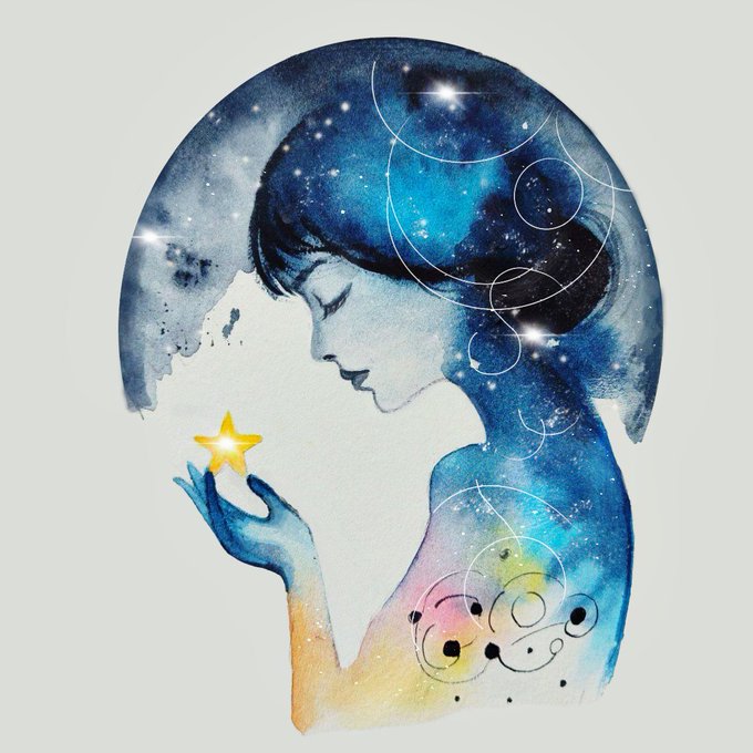 A watercolor painting of a woman in profile, her hair and body blending into a starry blue and pink cosmic galaxy, holding a glowing yellow star in her hand.