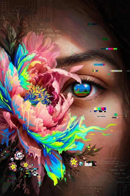 A digital artwork shows a close-up of a person's eye reflecting a small landscape, with a large pink and neon-colored flower painted across their face, surrounded by 'ERROR 404' text and pixelated glitch effects.