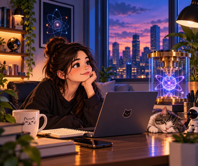 An illustrated scene of a young woman resting her chin on her hand while looking up thoughtfully, seated at a desk with a laptop, a cute cat, a coffee mug, and a glowing quantum physics device against a sunset city skyline.