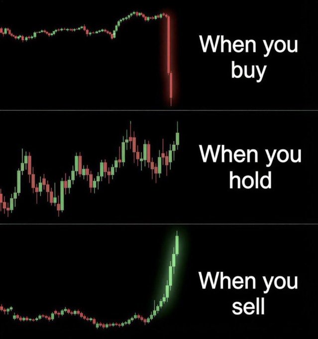 A three-panel meme showing a candlestick chart with the captions "When you buy" (with a sharp price drop), "When you hold" (showing volatile up-and-down movement), and "When you sell" (with a sharp price rise), humorously illustrating the classic retail investor experience of buying high, holding through turbulence, and missing out on gains by selling too early.