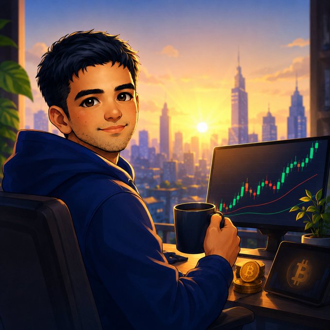 An animated-style illustration of a young man holding a coffee mug while sitting at a desk with a monitor displaying a green bullish candlestick chart, alongside Bitcoin symbols.