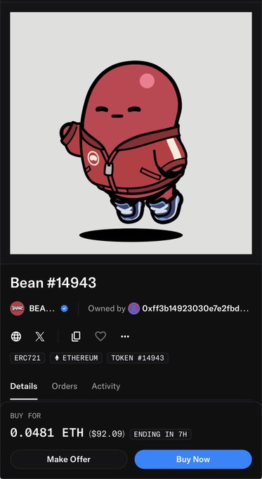 An NFT listing for "Bean #14943" on the BEAN collection, priced at 0.0481 ETH (~$92.09) on the ERC721 Ethereum network.