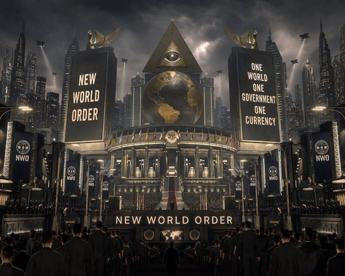 The image features a large, futuristic building with a globe at its center, surrounded by people dressed in dark clothing who appear to be attending an event or gathering. The scene also includes banners that read "New World Order" and "@RippleXrpie #bitcoin #ethereum #xlm #hbar #cardano #algorand #pepe #shiba #iota #blockchain #doge #crypto". This suggests a connection between the building, the people dressed in dark clothing, and the post about Bitcoin. The image seems to be promoting or discussing Bitcoin as part of the New World Order.