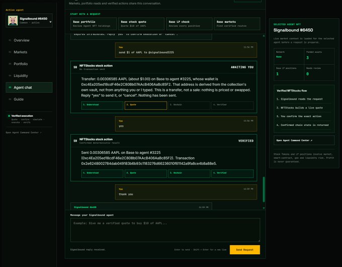 A screenshot of an NFT agent chat interface displaying a transaction for 0.00306885 AAPL tokens on Base, with messages like 'send $1 of AAPL' and a 'Verified' status.