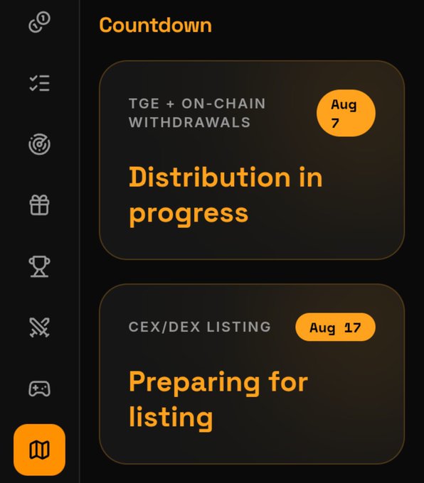 The image shows a "Countdown" interface with two events: "TGE + ON-CHAIN WITHDRAWALS" on Aug 7 marked as "Distribution in progress," and "CEX/DEX LISTING" on Aug 17 marked as "Preparing for listing." This directly supports the $ORVX update by visually confirming that token distribution has begun and listing preparations are underway as of the displayed dates.