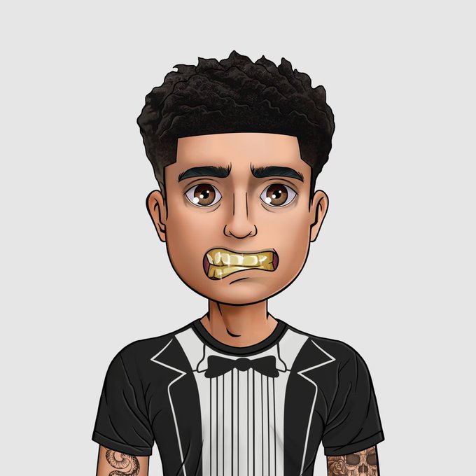 A cartoon avatar of a young man with dark curly hair, wearing a black tuxedo t-shirt with a white bow tie, and sporting gold grillz on his teeth.