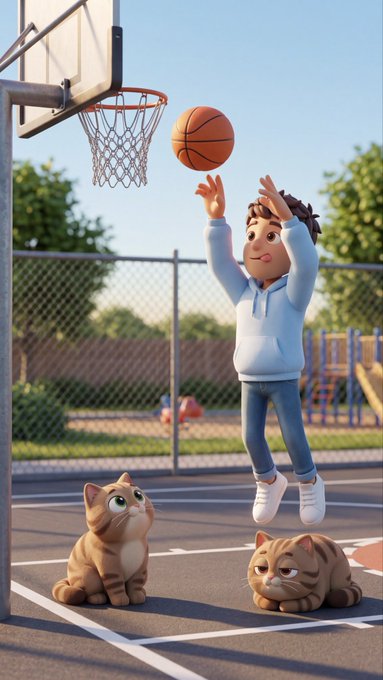 A young boy reaches up to shoot a basketball while two striped cats watch from the court below. The playful scene illustrates the day's scheduled NFT mints on Robinhood, with the cats representing the featured collections @Bitcoincat_rh and others launching throughout the afternoon.