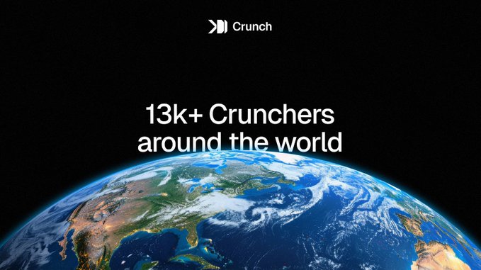 The Crunch logo appears above an image of Earth from space, with the text "13k+ Crunchers around the world" overlaid on the globe. The image visually reinforces the post's message about Crunch's global reach, illustrating how the platform connects over 13,000 researchers worldwide through its decentralized research infrastructure.