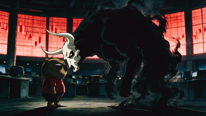 A digital illustration of a small bear character in a red hoodie facing a large, dark, shadowy figure with a white horned skull mask in a dimly lit room with red-lit windows.