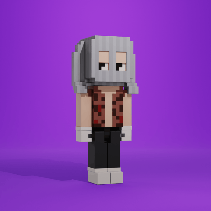 A 3D voxel-style character with long gray hair, wearing a dark red vest and black pants, standing against a solid purple background.