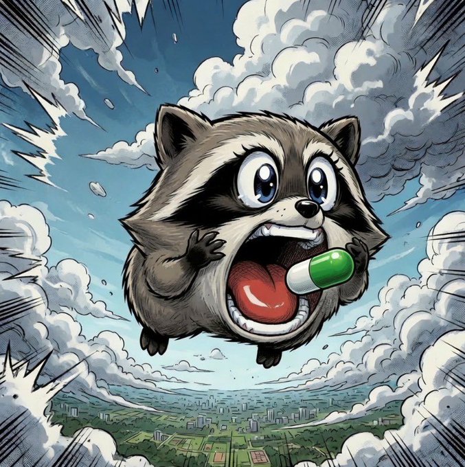 A cartoon raccoon with an exaggerated open mouth holds a green-and-white pill mid-air, depicted in mid-leap above a city landscape with dynamic comic-style speed lines and clouds. The image humorously visualizes the "Speed boost pill acquired" post referencing @Pumpfun, with the raccoon mascot literally "taking" the pill as it rockets through the sky.