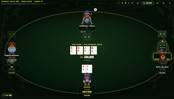 A screenshot of an online poker game on Robert Hold'em showing four players at the table with the 4th card shared, a pot of 345,000, and community cards showing 4♦, 8♥, J♥, K♠.