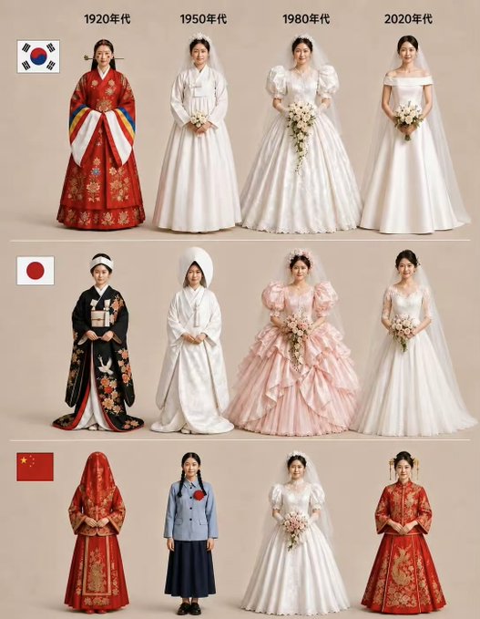 A chart displaying the evolution of traditional bridal wear in South Korea, Japan, and China across the 1920s, 1950s, 1980s, and 2020s, showing transitions from historical garments to modern white wedding dresses, alongside the respective national flags.