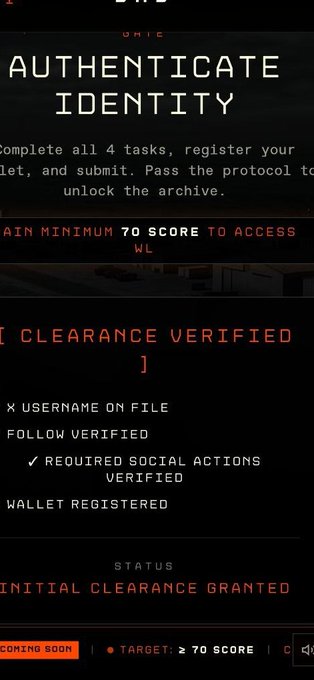 A dark-themed authentication screen displays 'AUTHENTICATE IDENTITY' with instructions to complete tasks and a target score of 70, showing 'INITIAL CLEARANCE GRANTED'.