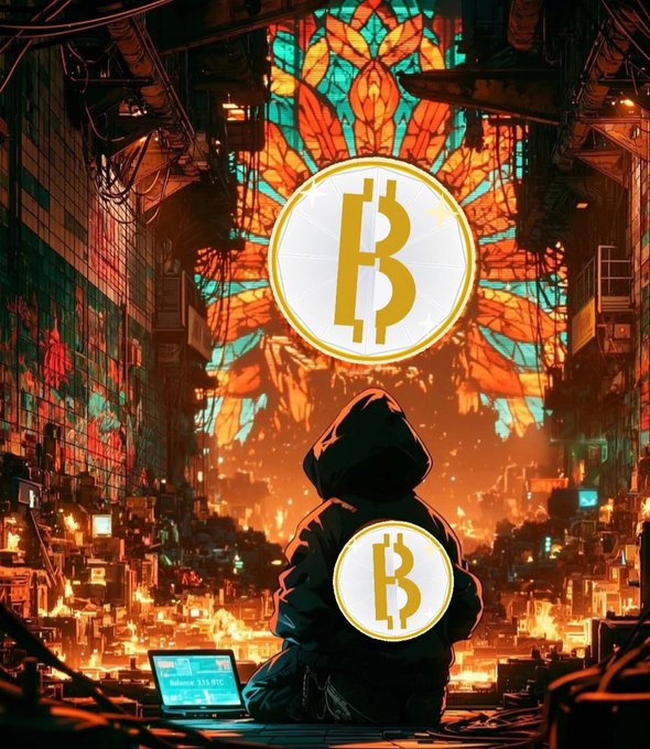 A digital artwork showing a hooded figure seated in front of a Bitcoin logo and a stained-glass design with orange and teal hues.