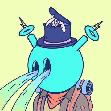 An illustration depicts a teal-colored ghost-like character with long flowing tongues wearing a purple wizard hat and backpack, with small UFO-like objects and lightning bolts in the background.