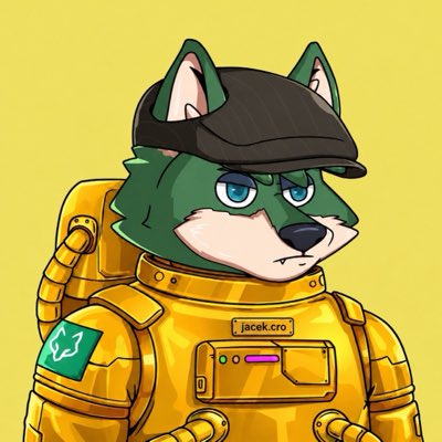An illustration of a green wolf character wearing a black cap and yellow mechanical armor with a badge reading 'jacek.cra' against a yellow background.