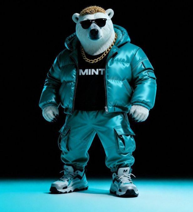 A 3D-rendered polar bear character wearing a teal puffer jacket, cargo pants, sneakers, sunglasses, and a gold chain, with a black t-shirt reading 'MINT'.