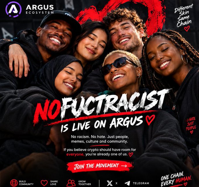 A promotional poster for the Argus Ecosystem features a diverse group of smiling young people with text 'NO F(U)CKTRACIST IS LIVE ON ARGUS' and various slogans about inclusivity.
