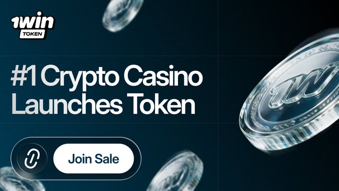 A promotional banner for '1win TOKEN' advertising '#1 Crypto Casino Launches Token' with a 'Join Sale' button, featuring a close-up of a silver coin with the '1w' logo.