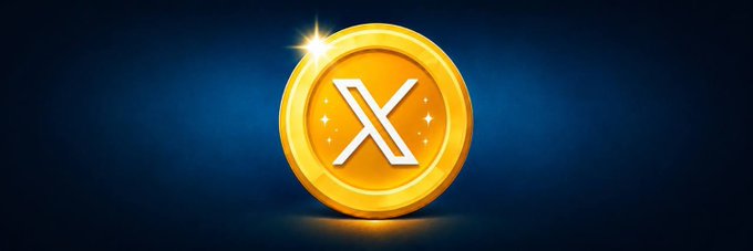 A glowing golden coin featuring an 'X' symbol, representing the X cryptocurrency token, is displayed against a dark blue background.