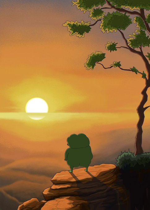 An illustration of a small green frog-like character standing on a rocky cliff, watching a bright sunset over a misty mountain landscape with a tree beside it.