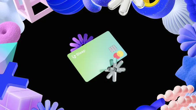 A green 'Bleep' branded credit card floating among colorful 3D abstract shapes in blue, pink, and purple against a black background.