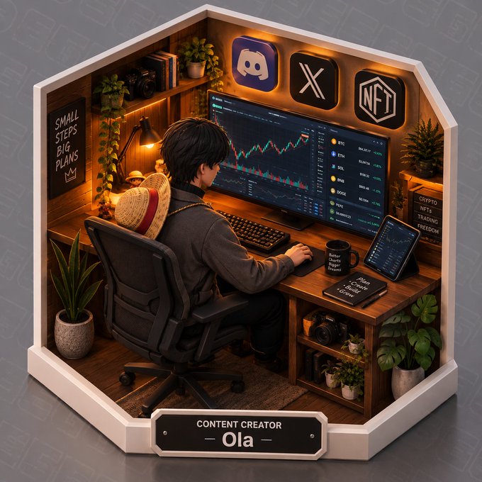 A stylized 3D diorama illustration titled 'CONTENT CREATOR - Ola' shows a young person in a straw hat working at a desk with a crypto trading monitor, Discord and X icons, and a 'CRYPTO NFTS TRADING FREEDOM' sign.