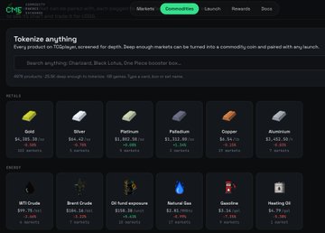 The Tokenize Anything platform on Commune (formerly known) displays a marketplace of tokenized commodities including Gold, Silver, Palladium, Copper, and Aluminum, along with energy and crude oil assets.