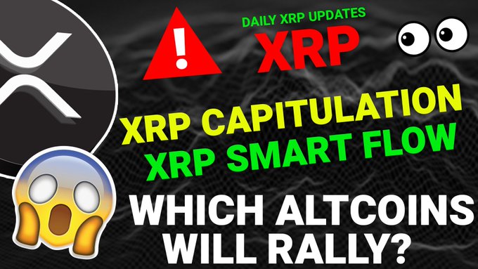 A YouTube thumbnail for a daily XRP cryptocurrency update video, featuring the XRP logo alongside graphics of a warning sign, eyes, and a shocked emoji face. The text highlights topics covered in the video: "XRP CAPITULATION," "XRP SMART FLOW," and "WHICH ALTCOINS WILL RALLY?" against a dark, wavy background.