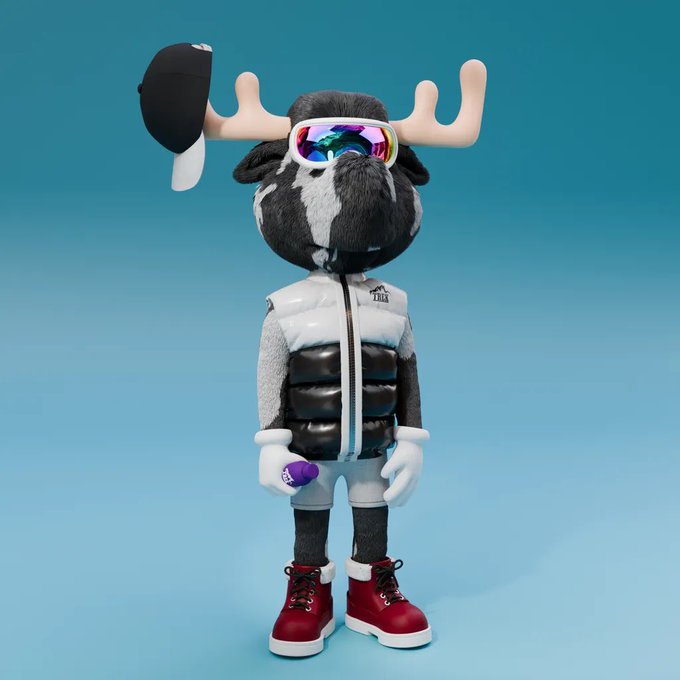 A 3D rendering of an anthropomorphic seal character wearing ski goggles, a black and white puffer vest, a backwards cap, and red boots, holding a small purple object.