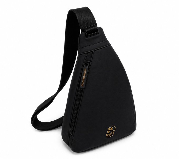 A black triangular sling bag is shown with a shoulder strap, a front zipper with an orange "COLLECTORS COLLECT" tag, and a small gold emblem near the bottom corner.