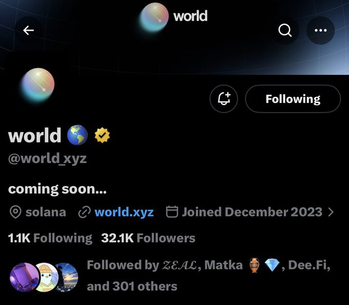 The image shows the Twitter/X profile of **@world_xyz**, which has 32.1K followers and 1.1K following, with the bio reading "coming soon..." and a link to world.xyz on Solana. This relates to the post, which teases an upcoming 10k generative NFT collection on $SOL, with the user expressing curiosity about what the @world_xyz project has in store.