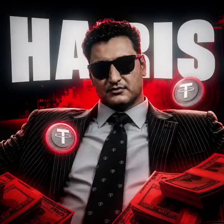 The image features a man dressed in a suit, sunglasses, and tie, sitting next to stacks of money. There are two coins placed near his ear, one on each side. The background includes text that reads "Haris" and "Tutors".