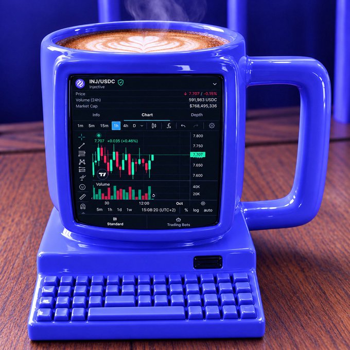 A blue coffee mug and matching keyboard sitting on a wooden surface, with the mug displaying a screen showing a candlestick chart for 'INJ/USDC injective' with a price of 7.707.