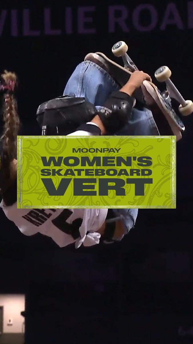 A vertical photo of a skateboarder upside down mid-trick with a 'MOONPAY WOMEN'S SKATEBOARD VERT' graphic overlay in bright yellow-green.