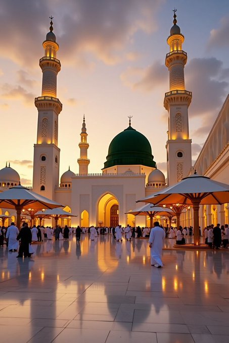 The image features a large mosque with two tall minarets and a green dome at its center. The mosque is surrounded by several people walking around, some of whom are wearing white robes. There are also umbrellas set up on the ground in front of the mosque, providing shade for visitors. The post about Gn gTria focuses on the complexity of crypto trading and how it can be simplified with the use of Gn gTria's platform.